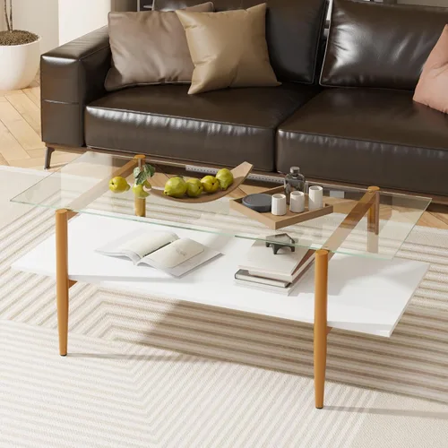 Vista 9 de Furnify Mesa de centro de cristal, mesa central rectangular para sala de estar con patas doradas, mesas decorativas modernas de mediados de siglo