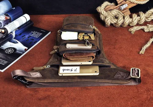 Vista 7 de Le'aokuu Riñonera táctica de cuero genuino para hombre, riñonera, pierna caída, cruzada, bolsa, 3111 A Marrón, Hip Bum - Bolsa para muslos y piernas