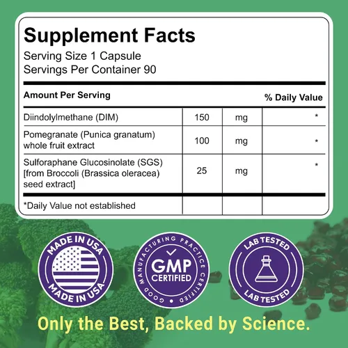 Vista 2 de DIM SGS+ Suplemento de 150 mg para mujeres y hombres - Apoya niveles hormonales saludables, estrógeno, metabolismo, desintoxicación - Semilla