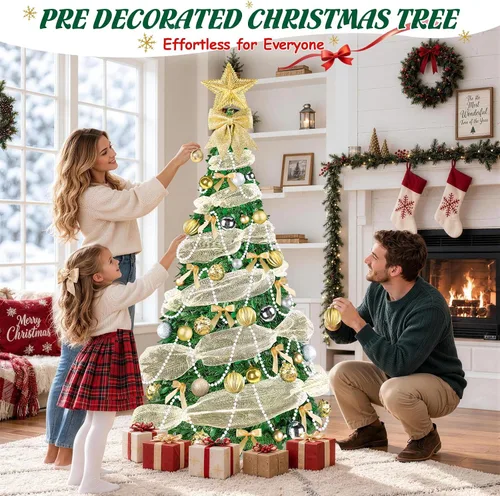 Vista 6 de FUSPWEAO 6FT Pre-Lit Pop Up Christmas Tree with Lights for Holiday Decor Pre-Decorated Collapsible Tree with Ribbon, Pearl Chain, Bows, Ball