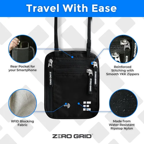 Vista 12 de Cartera para el cuello para viajes y pasaporte con bloqueo RFID, delgada y fácil de ocultar, bolsa de viaje de nailon para hombres y mujeres