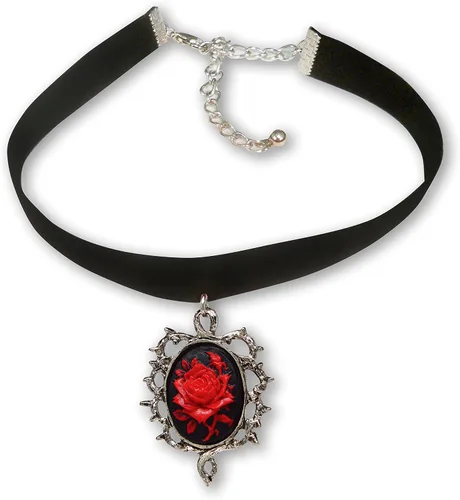Vista 3 de Juego de gargantilla y pendientes colgantes de terciopelo negro con rosa roja gótica, Metal