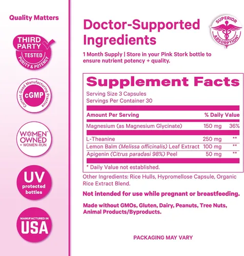 Vista 6 de Pink Stork Glicinato de magnesio, L-teanina, bálsamo de limón, magnesio sin melatonina para apoyar el sueño, calma y relajación natural, 90 cápsulas