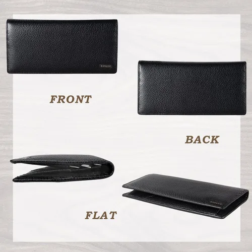 Vista 6 de Banuce Cartera larga de cuero delgada y plegable para hombre, bolso de embrague de negocios, tarjetero organizador, Negro -, Vintage