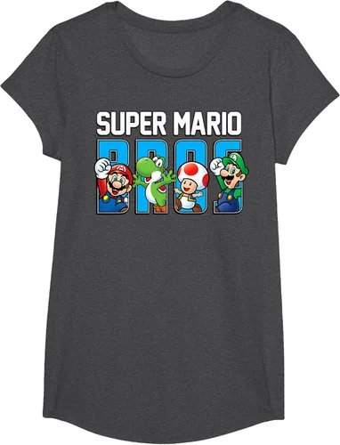 Vista 42 de Super Mario Bros Characters Letter Fill Graphic T-Shirt Camiseta, Negro