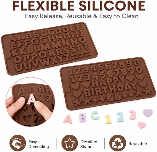 Vista 5 de Mini moldes de silicona para letras y números, paquete de 2 moldes de chocolate con letras A-Z, números del 0 a 9 y feliz cumpleaños, pequeños