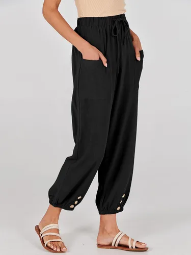 Vista 2 de ANRABESS Pantalones de lino de verano para mujer, estilo casual, pierna ancha, con cordón en la cintura, pantalones palazzo recortados