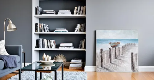 Vista 9 de Yihui Arts - Lienzo decorativo para pared de playa con diseño de bote azul y gris costero náutico cuadrado, pintura artística para decoración