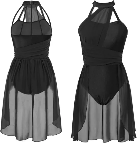 Vista 5 de FEESHOW Lyrical - Vestido de malla sin mangas con bloques de color para mujer, disfraz moderno y contemporáneo de baile