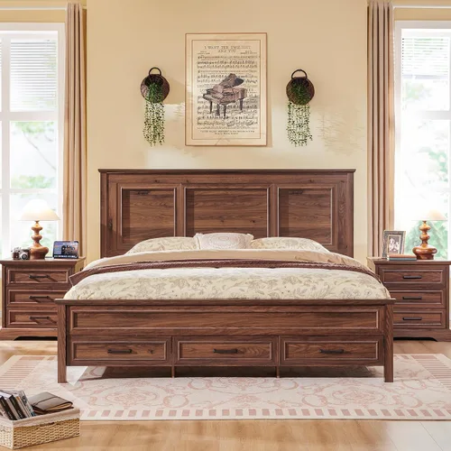 Vista 8 de ACCOHOHO Bastidor de cama Queen de estilo granja con cabecera y estribo de panel completo de 52" de alto, estructura de cama Queen con cajones