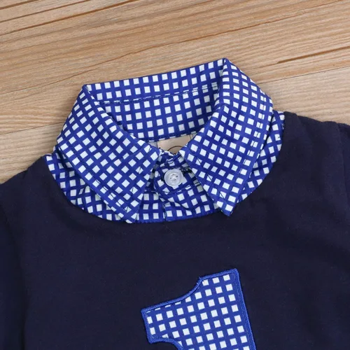 Vista 4 de Ropa de primer cumpleaños para bebé niño con cuello alto a cuadros overol de manga larga con diseño de pastel
