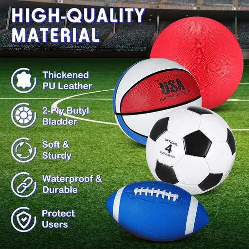 Vista 3 de Deekin Juego de 4 pelotas deportivas para niños y adolescentes, incluye tamaño oficial de baloncesto, fútbol, fútbol, patio de recreo, pelota