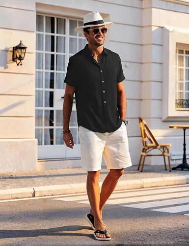 Vista 5 de Camisa de manga corta con botones para hombre, casual, transpirable, para verano, playa, con bolsillo