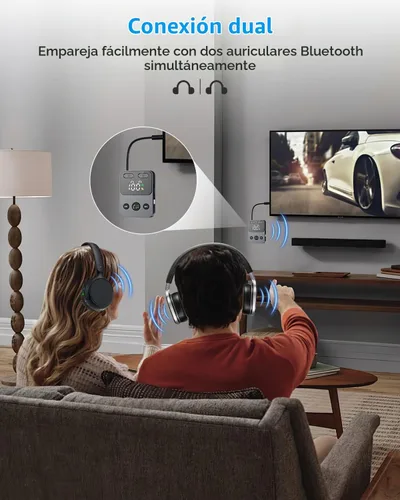 Vista 4 de Adaptador Bluetooth 5.3 para avión, transmisor y receptor 2 en 1, conecta 2 AirPods o auriculares, pantalla HD, conector de audio auxiliar de 0.138
