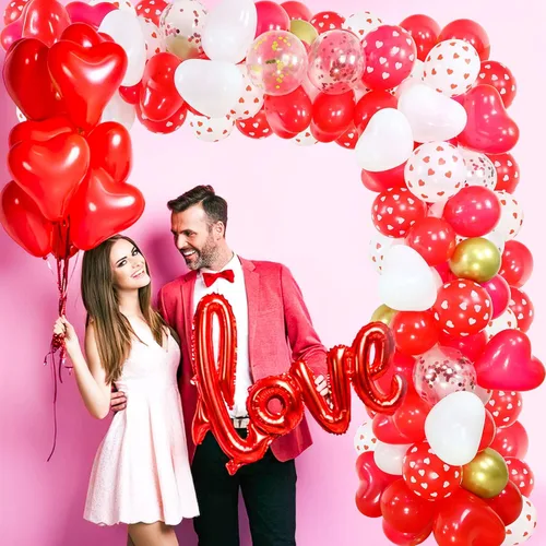 Vista 3 de Kit de guirnalda de arco de globos para el día de San Valentín, globos de corazón de confeti rojo y blanco con globo de amor de 40 pulgadas, 300