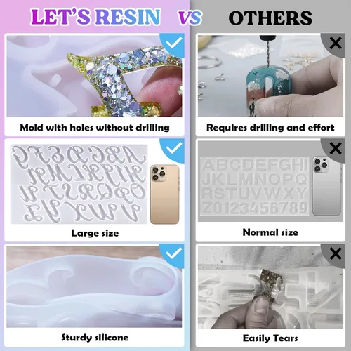 Vista 3 de LET'S RESIN Molde grande del alfabeto con agujero, moldes de resina de letras del alfabeto invertido de silicona con 30 anillos de salto, 30