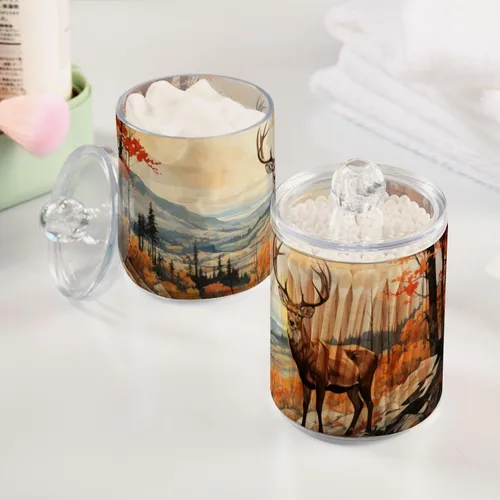 Vista 5 de Vnurnrn Qtip - Dispensador de bolas de algodón con tapa, estampado de ciervos y bosques otoñales, tarros de plástico, recipientes de baño