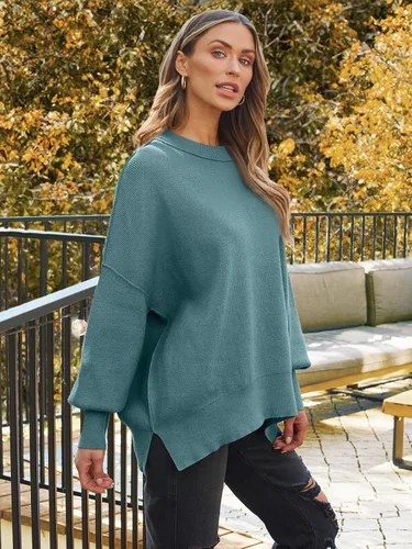 Vista 35 de Lillusory - Suéter extragrande con mangas de murciélago y cuello redondo para mujer, prenda moderna de otoño de tejido de punto sin botones