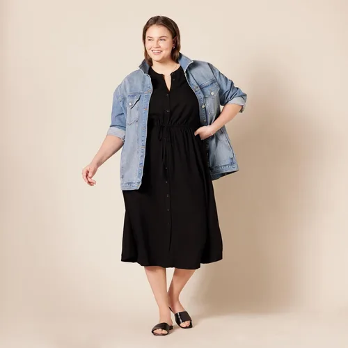 Vista 8 de Tienda Essentials - Vestido por debajo de la rodilla de media manga para mujer, estilo acampanado, ajuste holgado, ceñido en la cintura