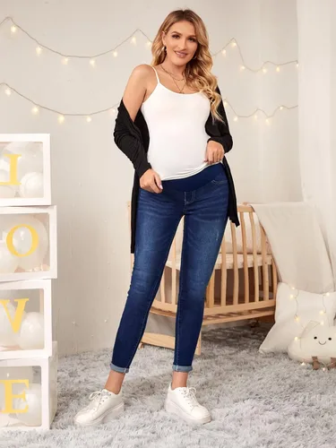 Vista 6 de Floerns Pantalones de mezclilla de maternidad de cintura alta con dobladillo rasgado, con bolsillo para mujer