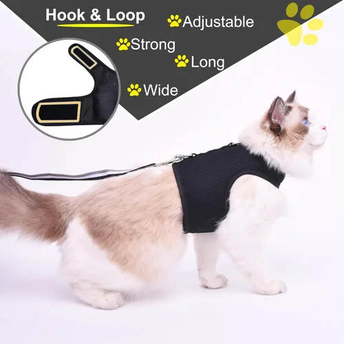 Vista 3 de Arnés y correa para gatitos para caminar, a prueba de escape, tela de malla transpirable, negro sólido, extra pequeño, chaquetas ajustables