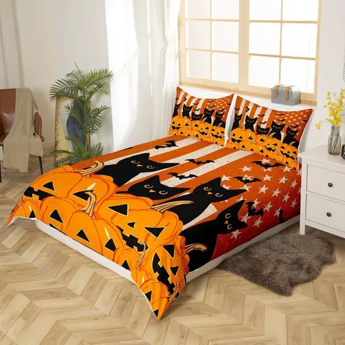 Vista 2 de Feelyou Juego de ropa de cama para niños, gatos negros, tamaño individual, funda de edredón de linterna de calabaza de Halloween para niños y niñas