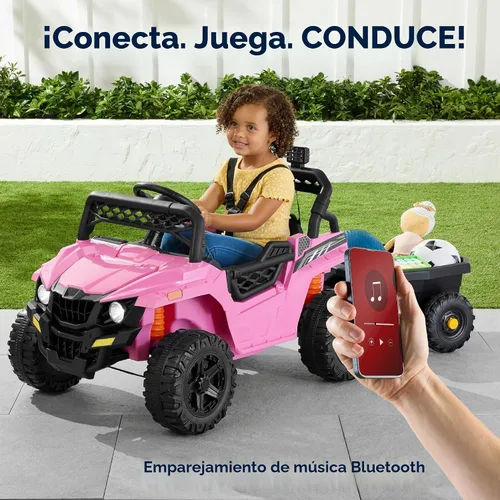 Vista 4 de Best Choice Products Carro Eléctrico Montable UTV de 12V para Niños con Remolque con Control Parental, Luces LED, 2 Velocidades, Bluetooth - Rosa