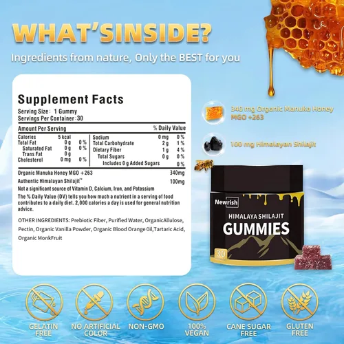 Vista 2 de Shilajit - Gomitas shilajit del Himalaya sin azúcar añadido, Ashwagandha, ácido fúlvico Gokshura y más de 85 minerales traza para hombres, mujeres