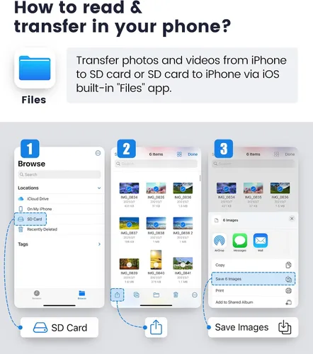 Vista 6 de Lector de tarjetas SD para iPhone iPad, Oyuiasle visor de tarjeta SD digital para cámara de vigilancia con ranura dual para MicroSD/SD, adaptador