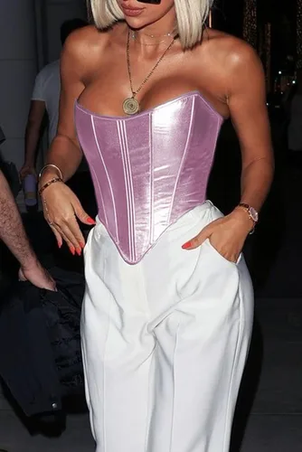 Vista 2 de Corsé de cuero para mujer, sin tirantes, con cordones, cuello de corazón, bodyshaper, sexy, top corto