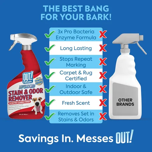 Vista 2 de OUT! PetCare - Spray removedor de olores y manchas para mascotas, limpiador de alfombras y pisos, desodorante para perros y gatos, fabricado