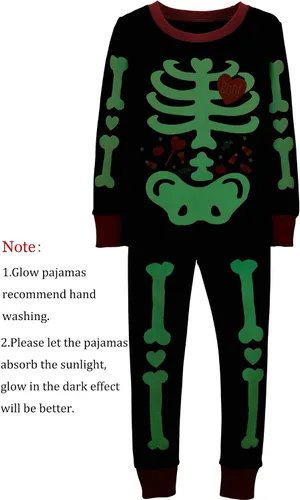 Vista 2 de Pijamas de Halloween para niños pequeños, pijamas de esqueleto que brillan en la oscuridad, ropa de dormir de algodón, conjunto de pijama de 2