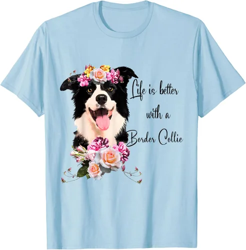 Vista 92 de Life is Better With a Border Collie - Camiseta de perro lindo con flores, gris, S Gris Oscuro