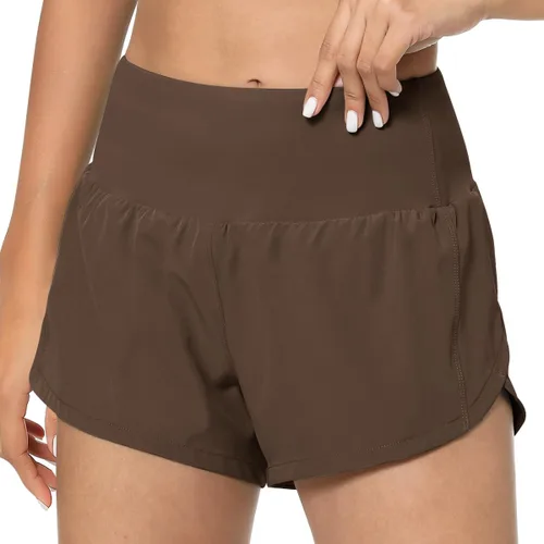 Vista 2 de GYM RAINBOW Pantalones cortos deportivos de cintura alta para mujer, ligeros, de secado rápido, para entrenamiento, gimnasio, correr, con bolsillos