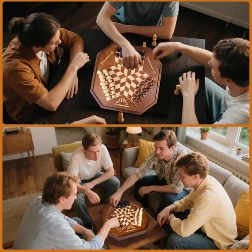 Vista 6 de Juego de mesa de ajedrez de madera para 3 o 4 jugadores, juego de ajedrez, juego IQ, un tablero de ajedrez con posiciones marcadas de piezas