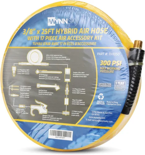 Vista 6 de Kit de compresor de aire de 18 piezas, manguera híbrida de 3/8 pulgadas x 25 pies con roscas NPT M de 1/4, accesorios de conexión rápida, kit