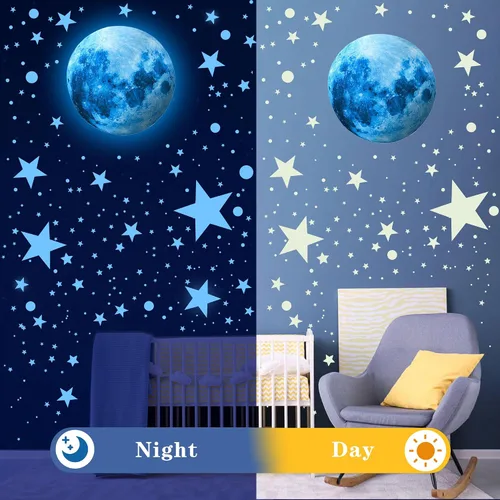 Vista 6 de 492 calcomanías de pared que brillan en la oscuridad con estrellas para techo de luna azul Astronaut Universe Galaxy Planet Wall Decor