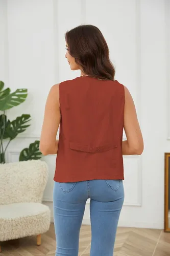 Vista 7 de YWS - Chalecos de moda para mujer, casual, sin mangas, con cuello en V, chaleco de lino y algodón
