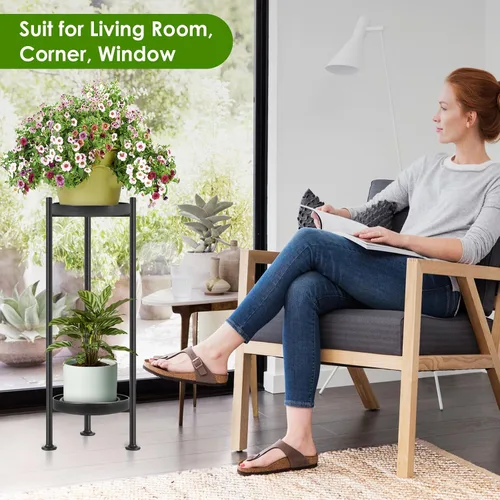 Vista 2 de Lilybud- lily Soporte para plantas para interiores y exteriores, soporte de hierro de 2 niveles, soporte de pedestal de 30 pulgadas de alto