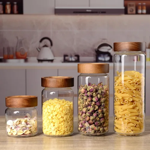 Vista 7 de Tarro de vidrio de 13.5 fl oz/400 ml con tapa de rosca de madera hermética, recipiente de almacenamiento de alimentos transparente apilable pequeño