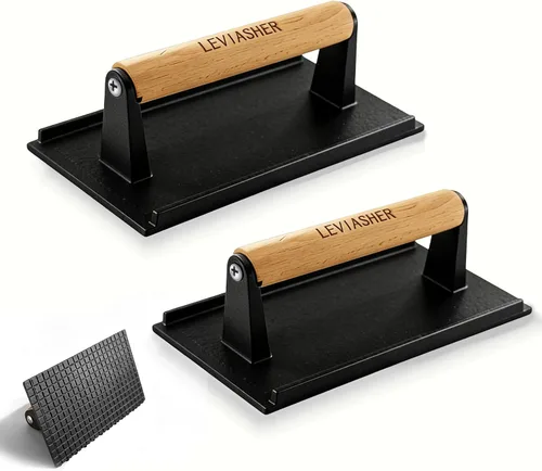 Vista 15 de Paquete de 2.1 libras de peso para carne y hamburguesa, base a rayas, prensa de hierro fundido resistente de 7 x 4 pulgadas con mango de madera