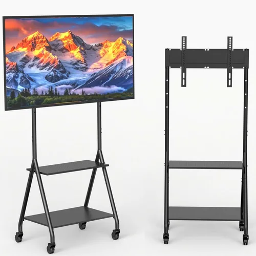 Vista 3 de Carrito de TV móvil con estante de 2 niveles para televisores de 32 a 80 pulgadas de hasta 110 libras, soporte de TV rodante con rueda silenciosa