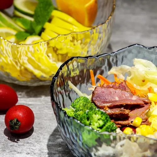 Vista 6 de TOSSOW - Tazón de ensalada de vidrio de forma irregular, cuencos para servir Pyrex de 25 onzas para preparación de cocina, frutas, aperitivos, Gris