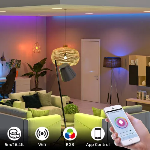 Vista 5 de WBM Smart Tira de luces LED RGB, IP65 impermeable de 16.4 pies de largo, compatible con Alexa, Google Home, control de aplicación para el hogar