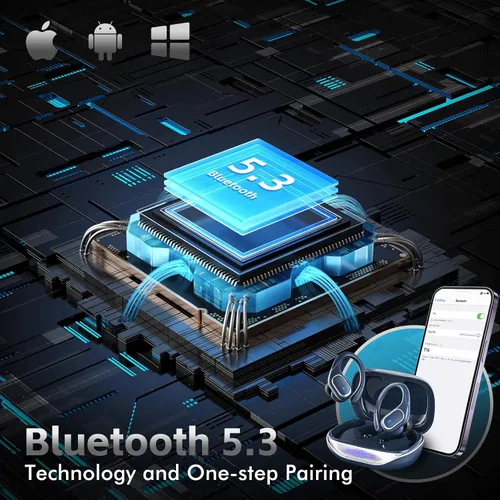 Vista 3 de HAOYUYAN Auriculares inalámbricos Bluetooth 5.3 con reproducción de 80 horas, IPX7 impermeables sobre los oídos con pantalla LED de alimentación