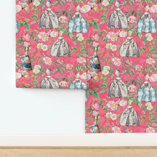 Vista 4 de Papel tapiz para despegar y pegar, flores francesas, rosas, jardín, rosa, estilo vintage, siglo botánico, flores para niñas, papel tapiz extraíble