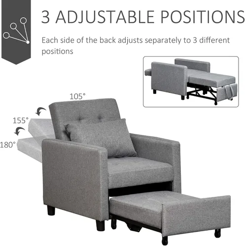 Vista 5 de HOMCOM Sofá convertible tumbona de cama multifuncional reclinable con tela tapizada copetuda, respaldo de ángulo ajustable y almohada, color gris