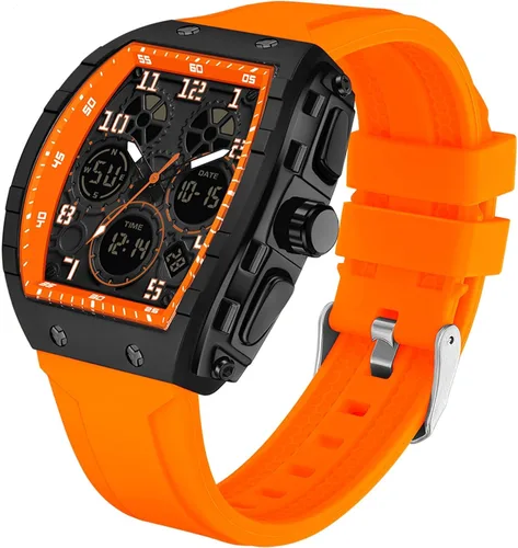Vista 10 de Relojes para hombre, únicos rectángulos, reloj de pulsera blanco con pantalla digital analógica de doble hora, cronómetro de cuenta regresiva