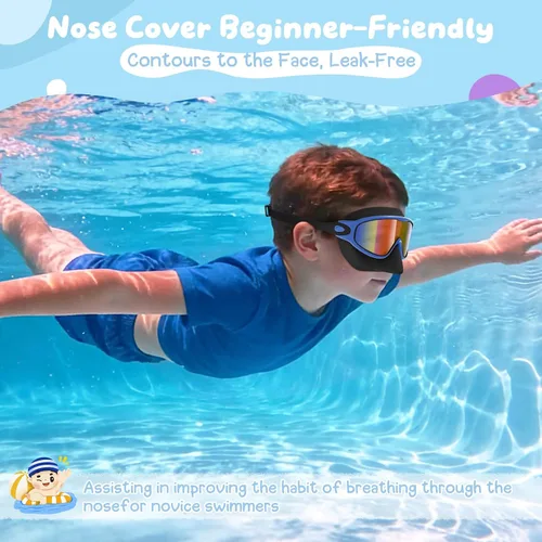 Vista 7 de VegoVia Paquete de 2 gafas de natación para niños con cubierta para la nariz, gafas de natación antivaho con protección UV para niños y jóvenes de 3
