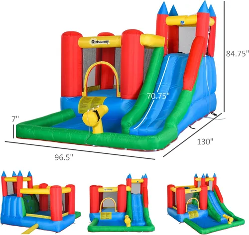 Vista 7 de Outsunny Tobogán acuático inflable 6 en 1 para niños con piscina, cañón de agua, pared de escalada, inflador incluido, castillo de salto para niños
